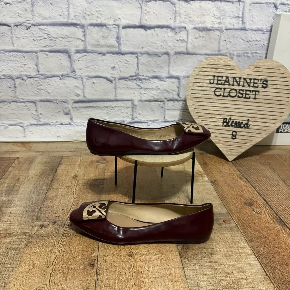 Tory Burch Size 8.5 Square toe Logo Oxblood Soft Patent Leather Flats